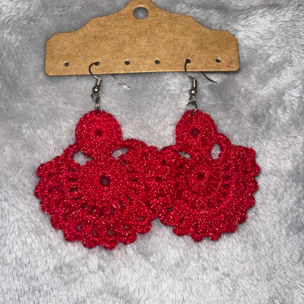 Vibrant Red Crochet Floral Earrings